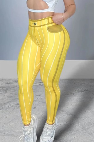 Yellow Fake Jeans Striped Legging