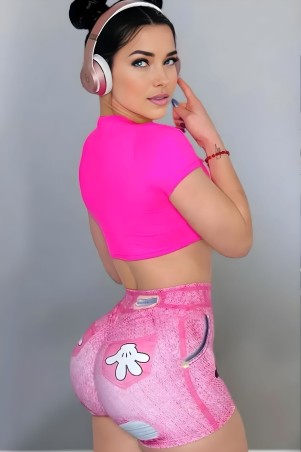 Shorts Fake Jeans Mickey Donna Shape Pink C/E