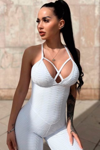 White Brocade Cross Jumpsuit